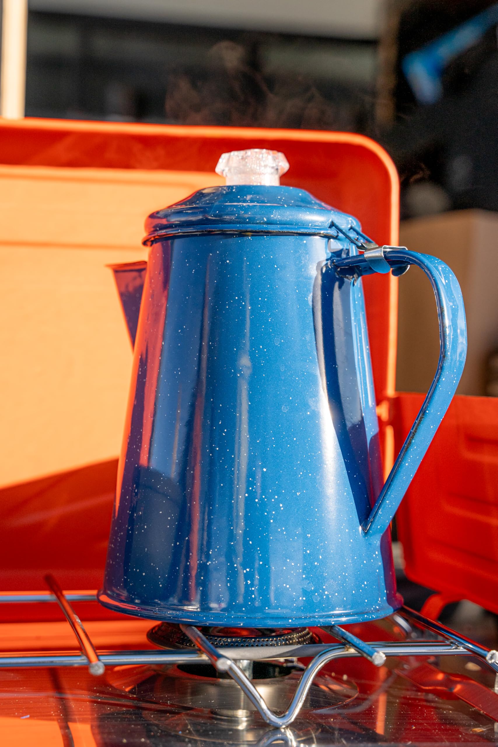 GSI Outdoors percolator at campsite morning scene benefit: makes robust camp coffee