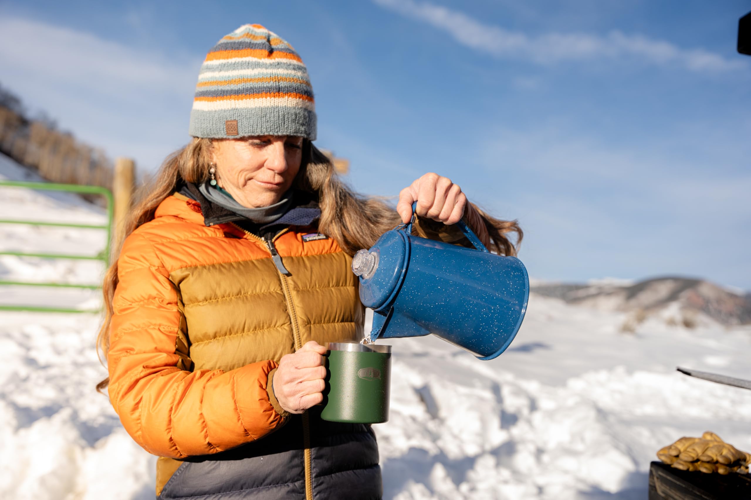 GSI Outdoors percolator sitting on a propane stove benefit: versatile stove-top use