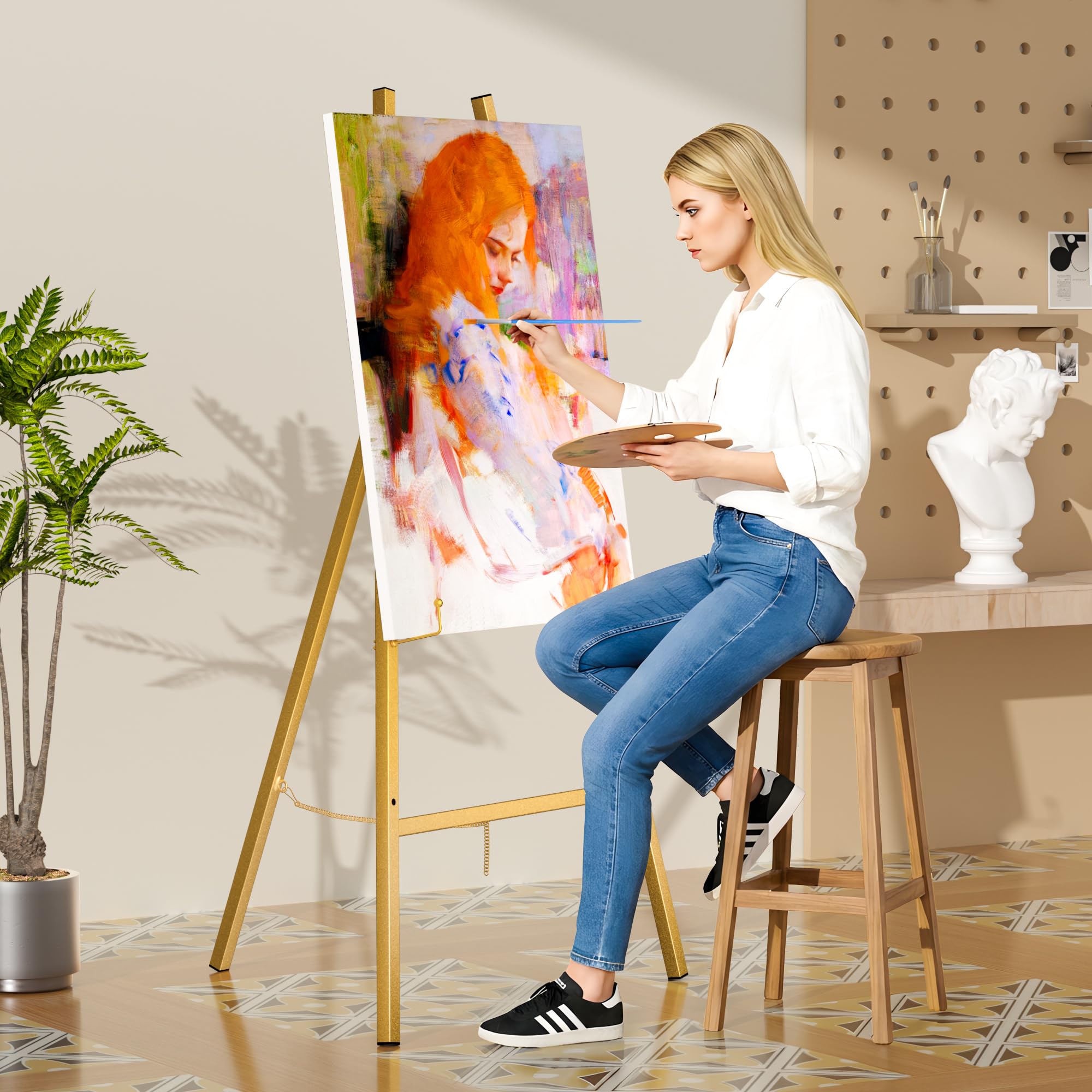 GTSABWAY easel supporting a canvas painting for gallery-ready display