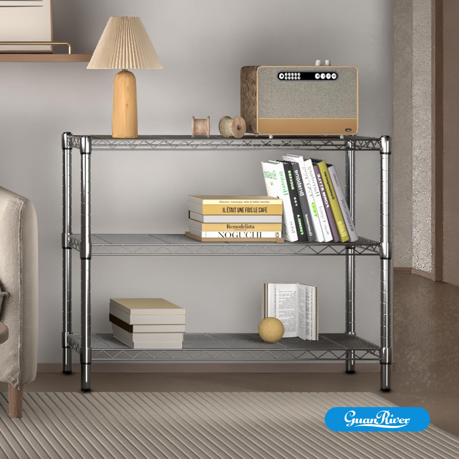 Guan River shelving beside everyday items showing 36x14x30 inch scale and space-saving benefit