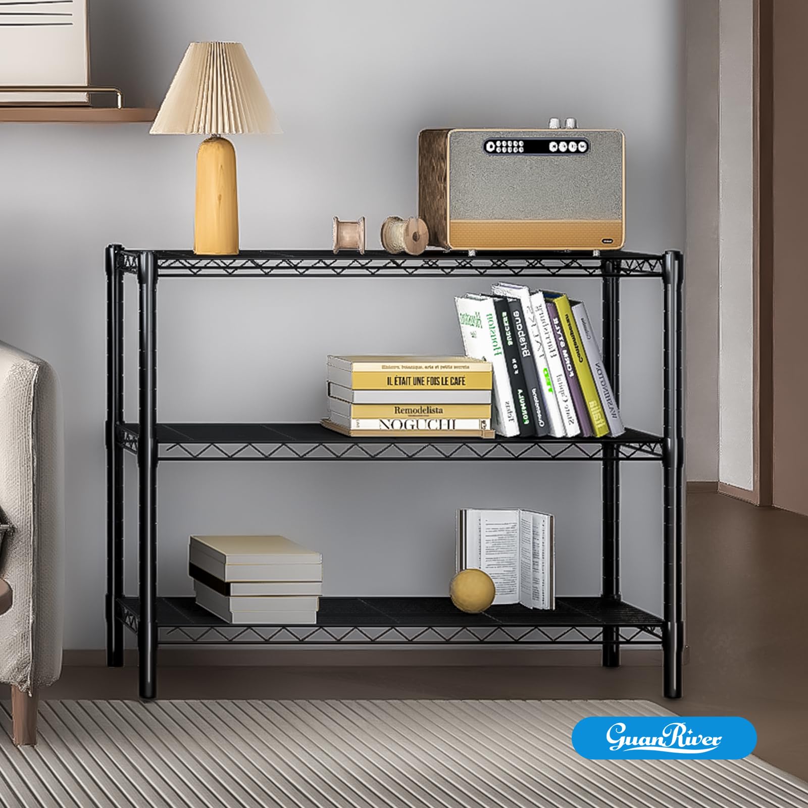 Guan River shelving next to ruler for size comparison and space-planning benefit