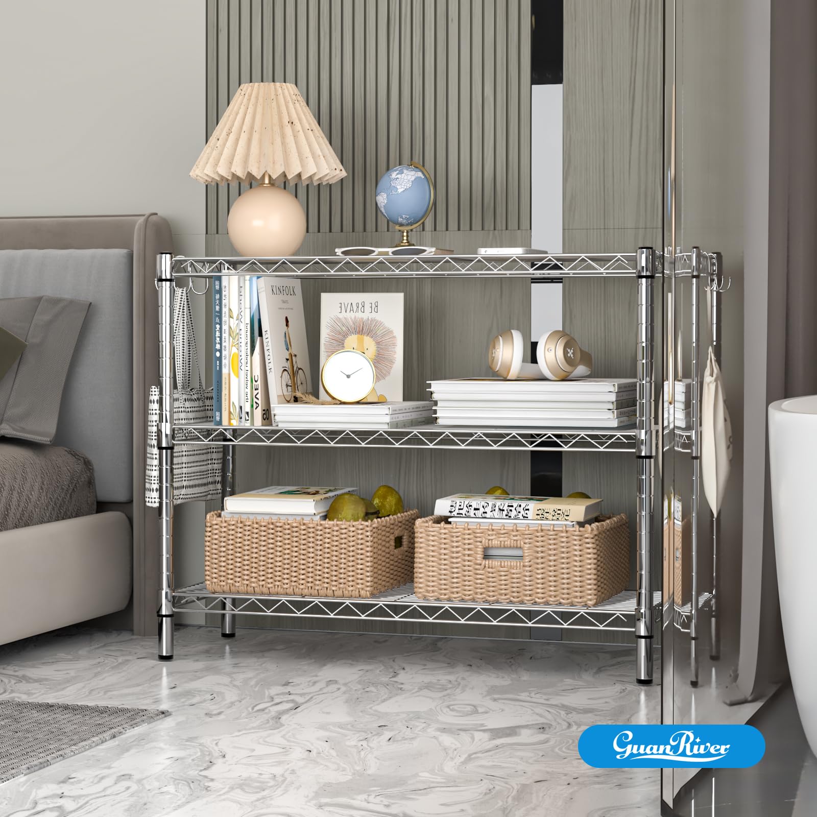 Guan River side view of adjustable shelf heights demonstrating flexible storage configurations benefit