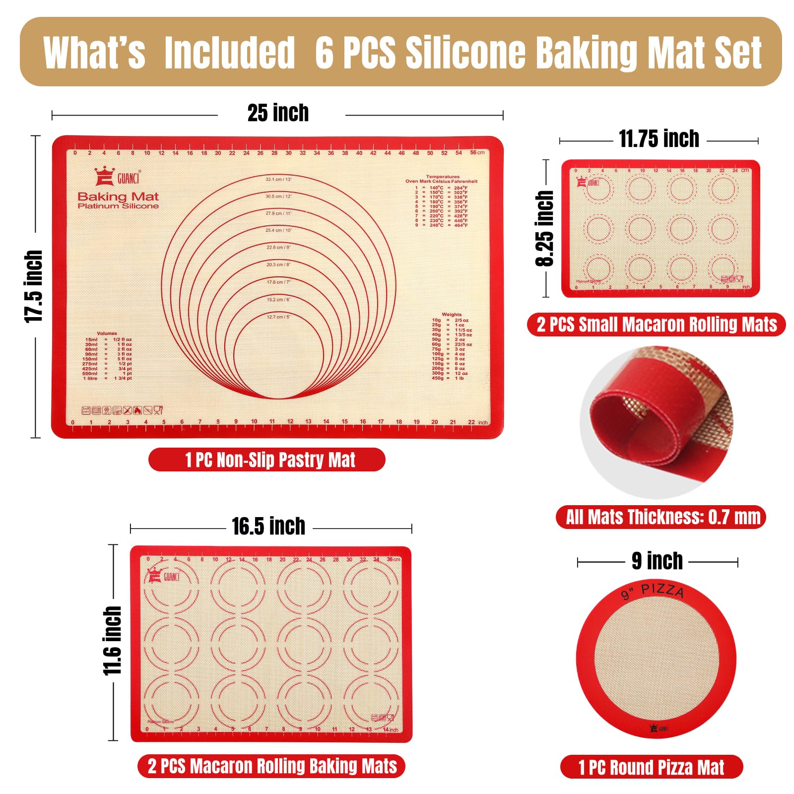 GUANCI 9-inch round mat displaying round guide and even baking benefit
