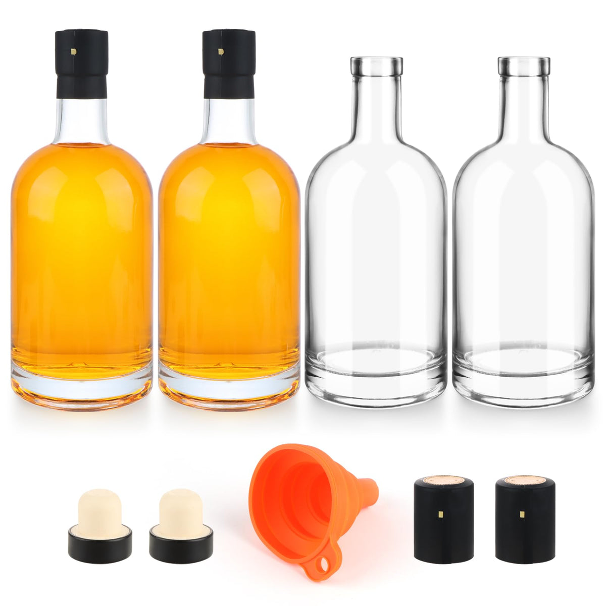 GUANENA front view of four clear glass bottles showing packaging and corks, durable presentation