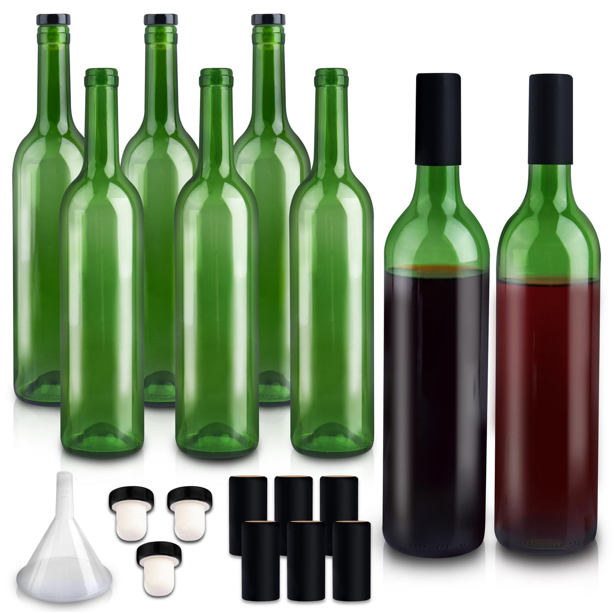 GUANENA front view of eight green bottles showing full set and accessories for clean presentation