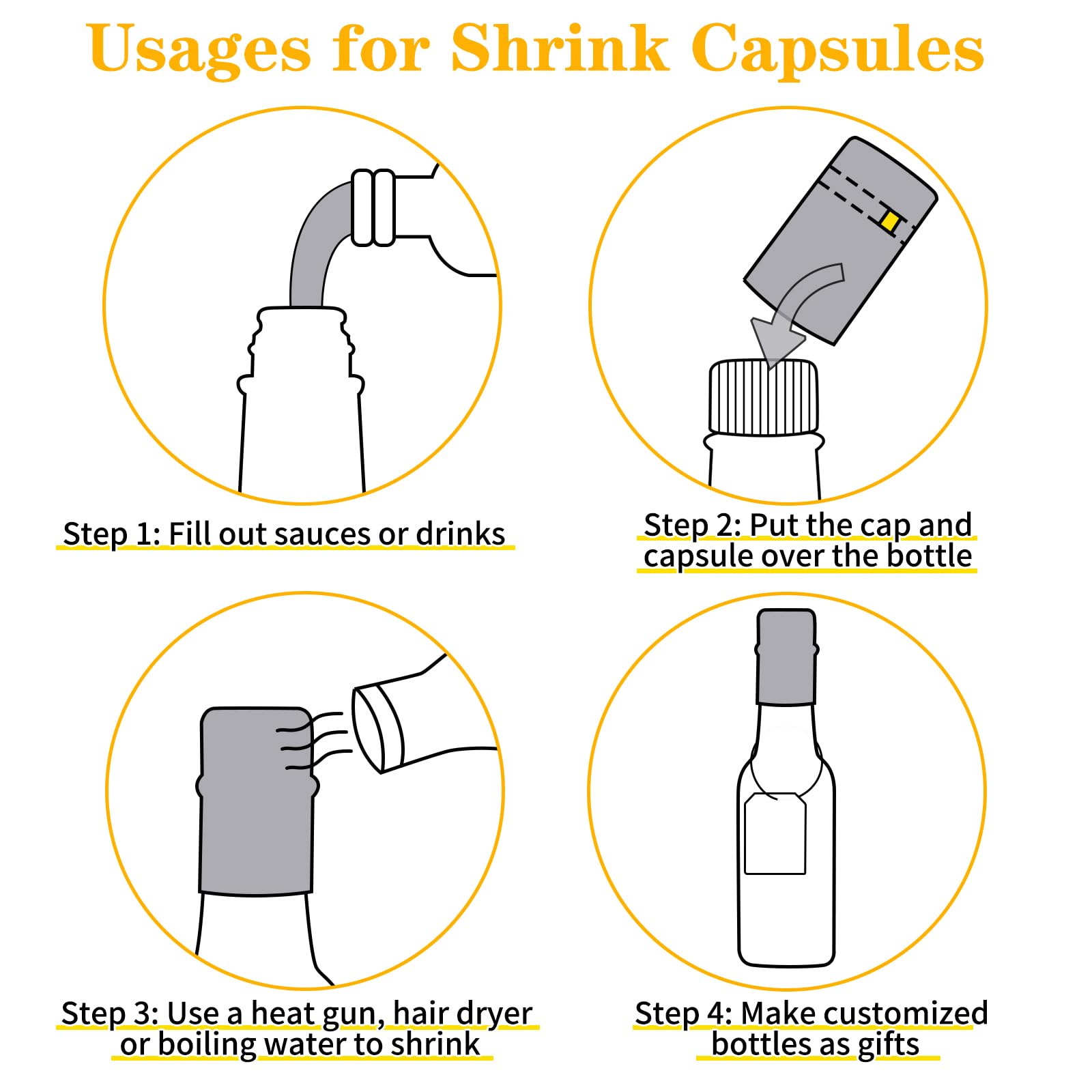 GUANENA layout of black shrink capsules, tags and twine for polished labeling and sealing