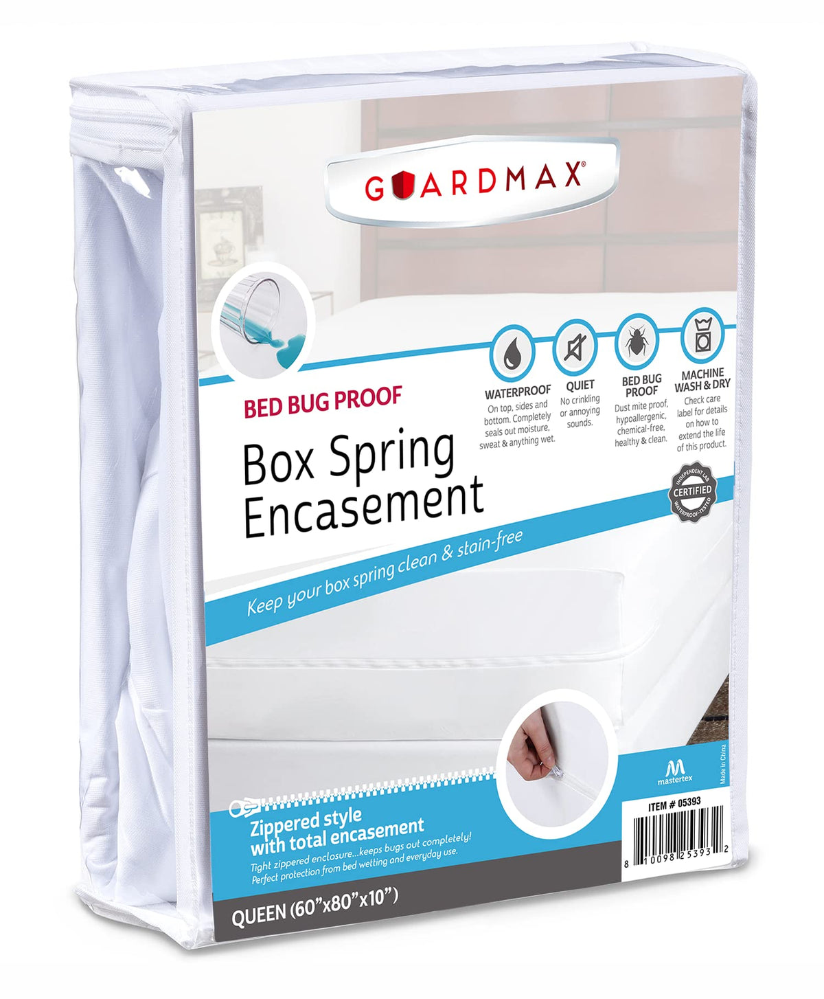 Guardmax front view showing full queen box spring protection and neat fit