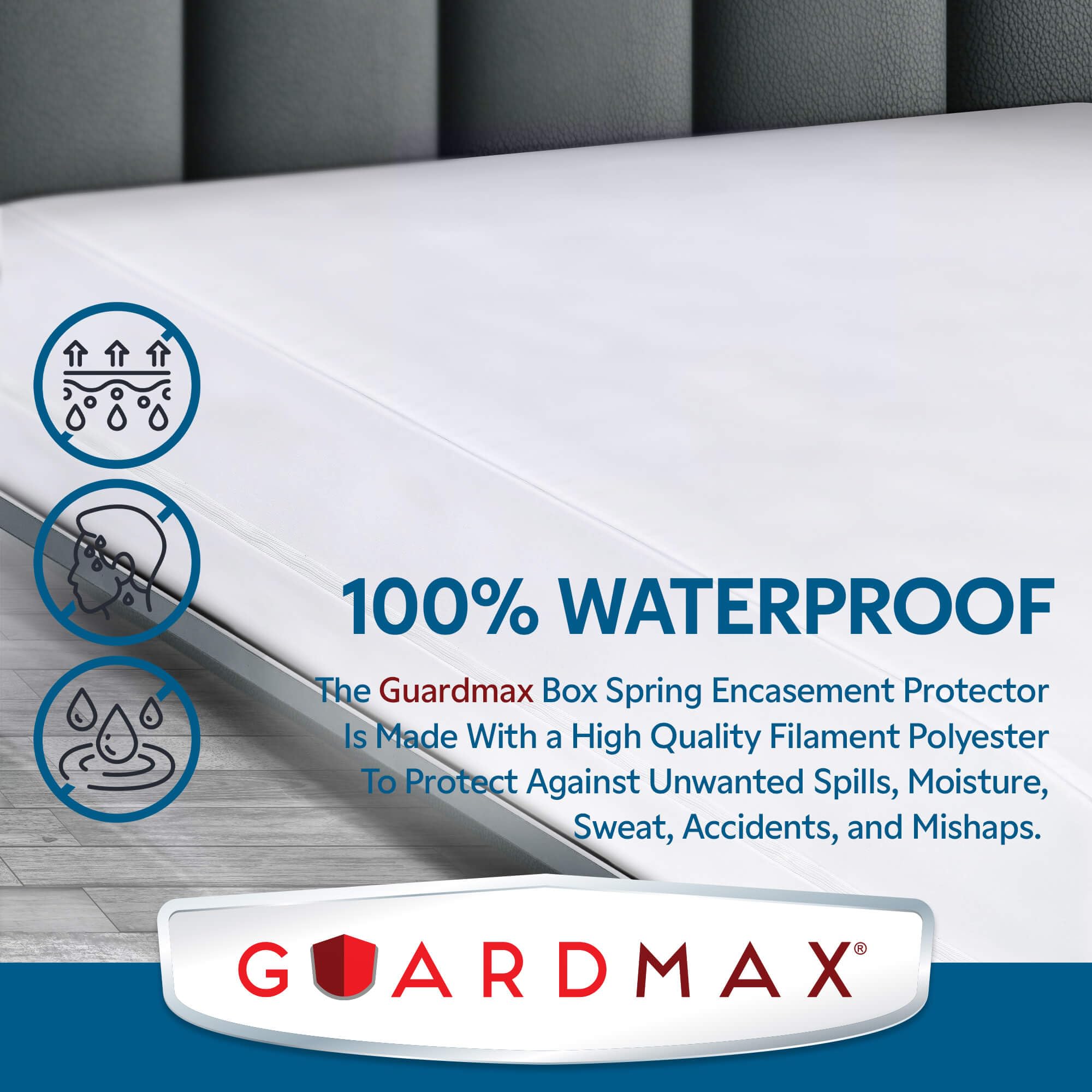 Guardmax cover on box spring showing correct scale and snug fit