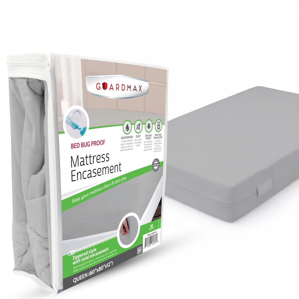Guardmax front packaging showing queen encasement protection and features