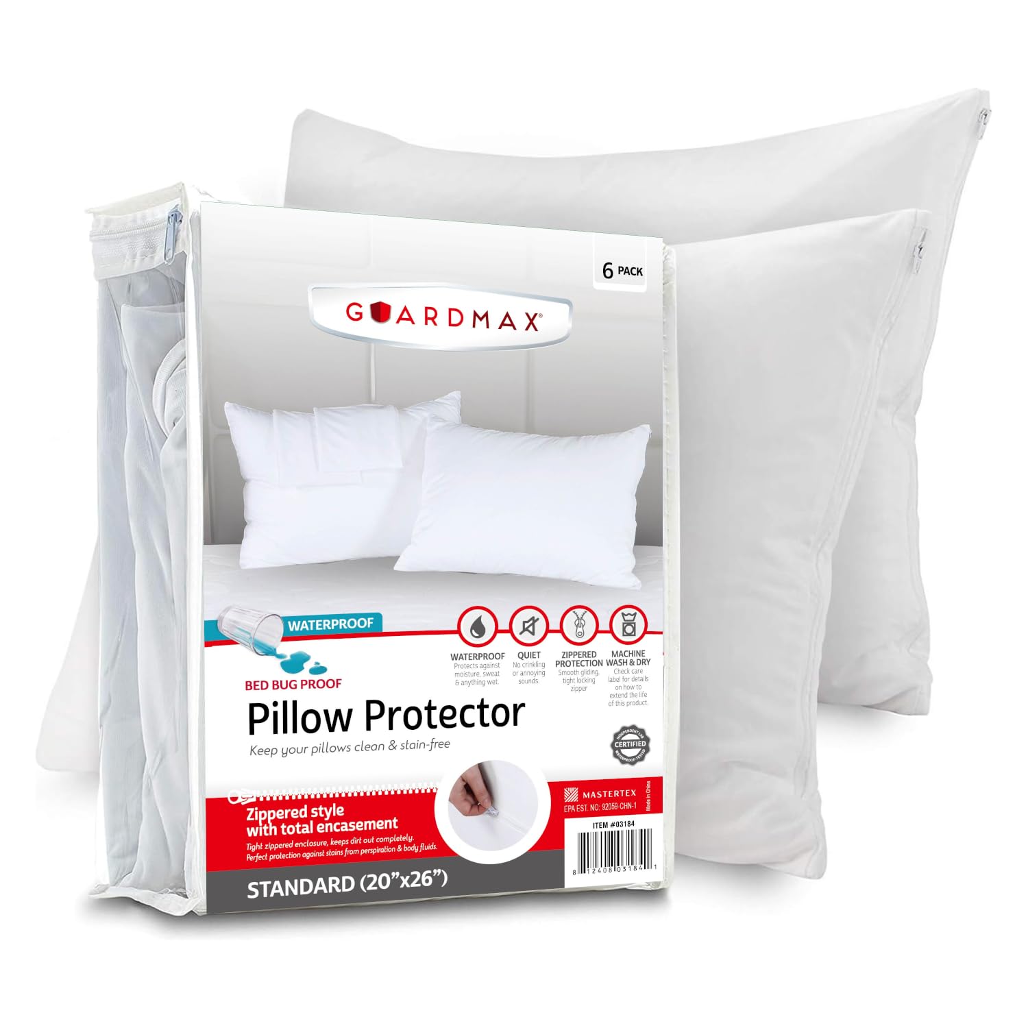 Guardmax front packaging showing four pillow protectors and pack benefit