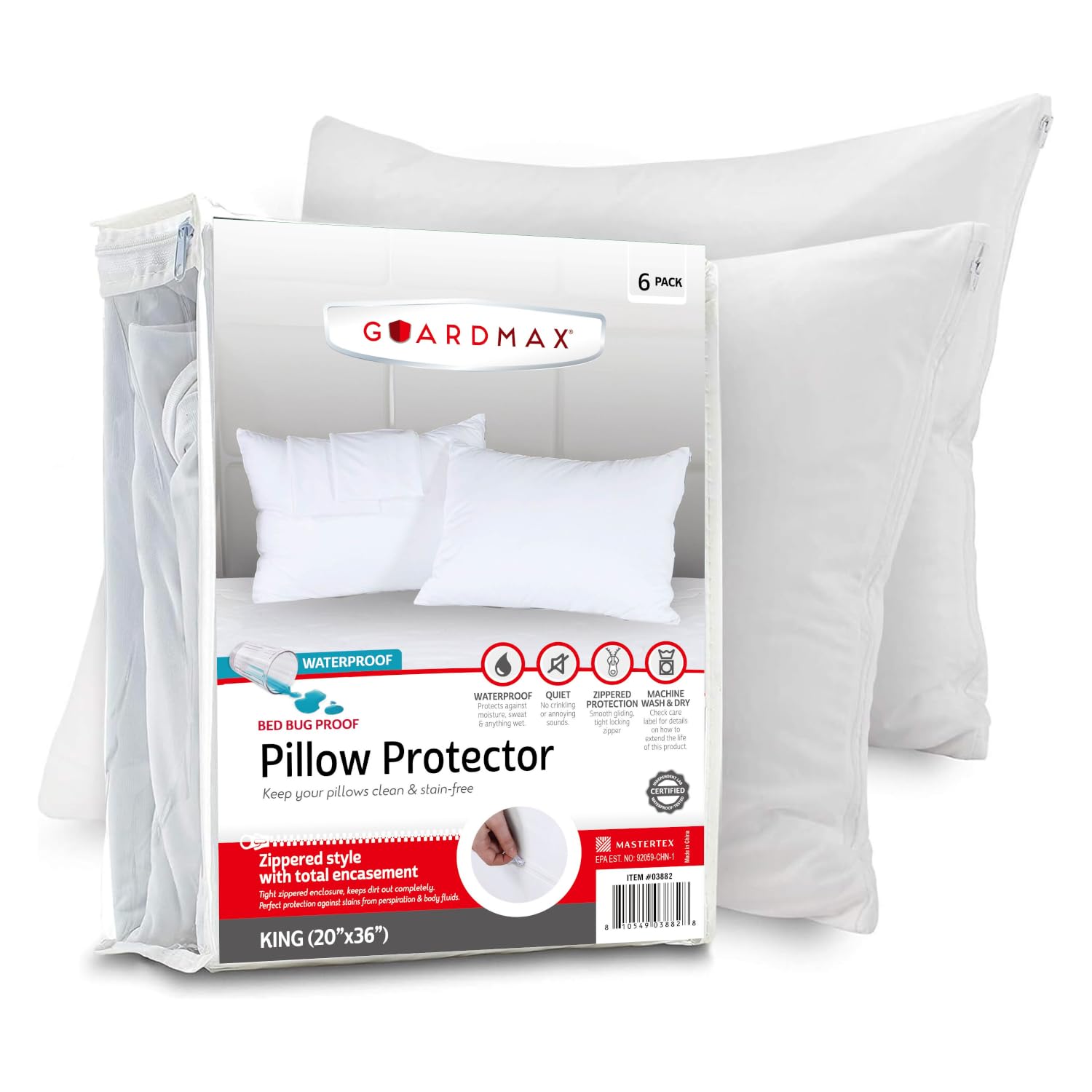 Guardmax front view of four king-size protectors showing neat fit and full coverage benefits