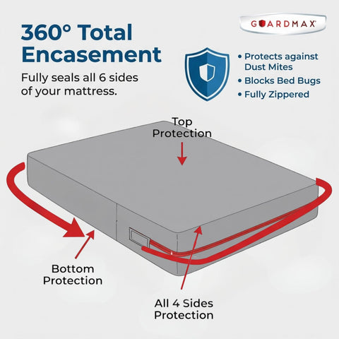Guardmax installed on a queen mattress demonstrating full six-side coverage