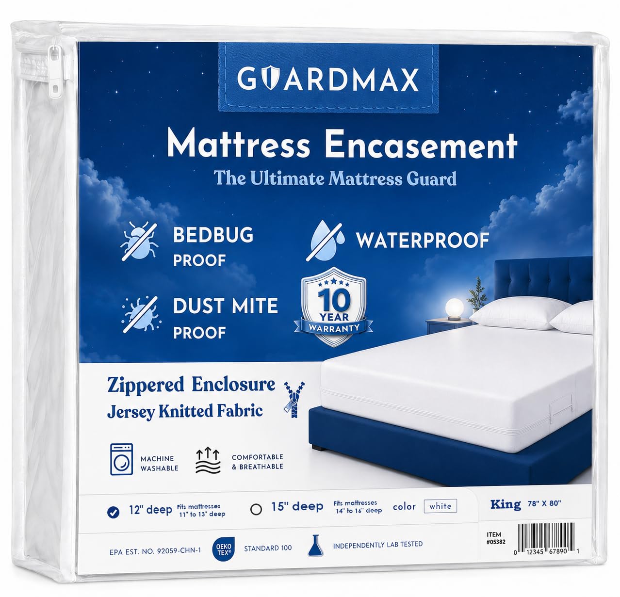Guardmax front view of king encasement showing full sealed coverage and protection