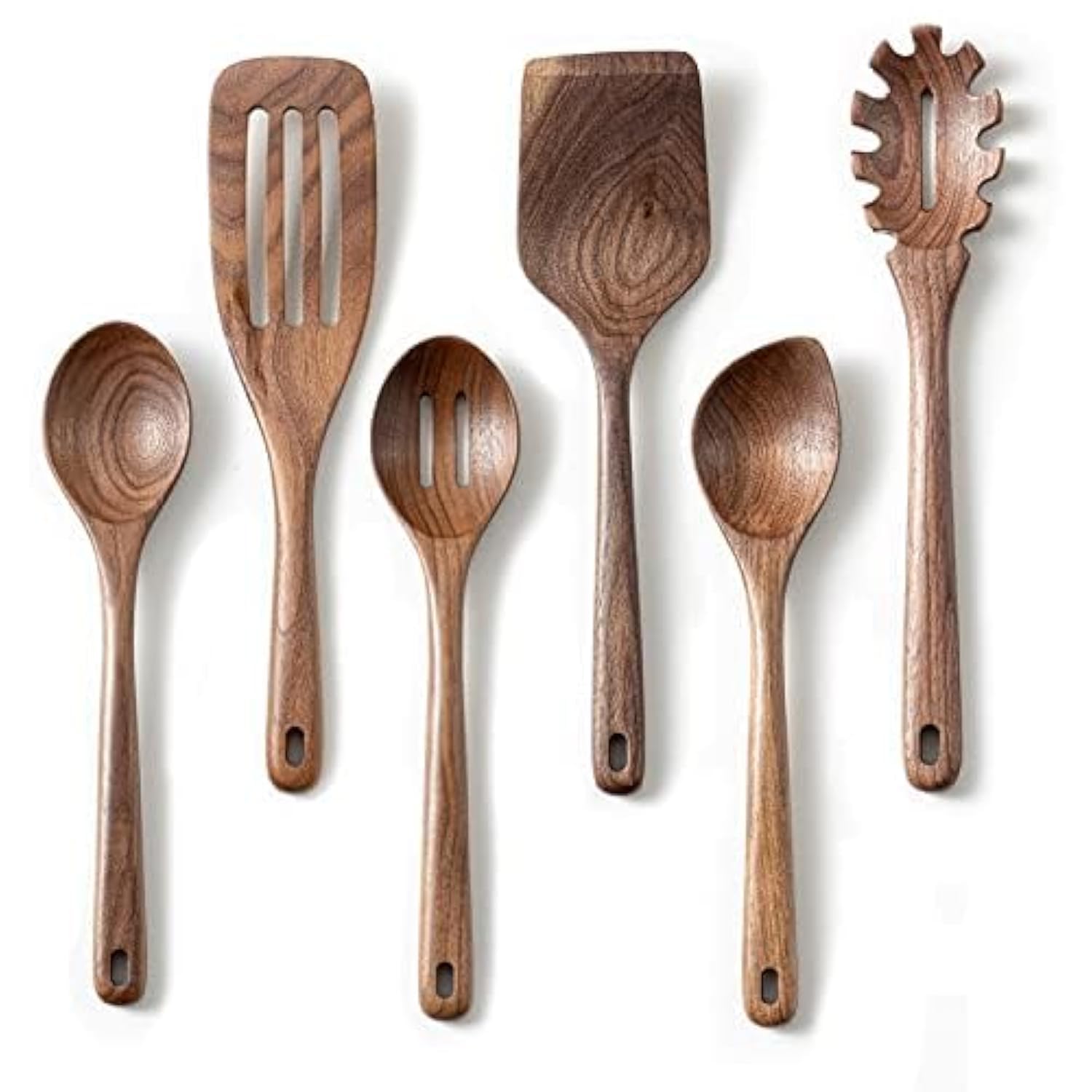 Gudamaye front packaging showing six-piece walnut utensil set and natural finish benefit