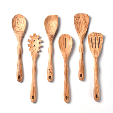 Gudamaye front view of six-piece olive wood utensil set, shows complete collection and natural benefit