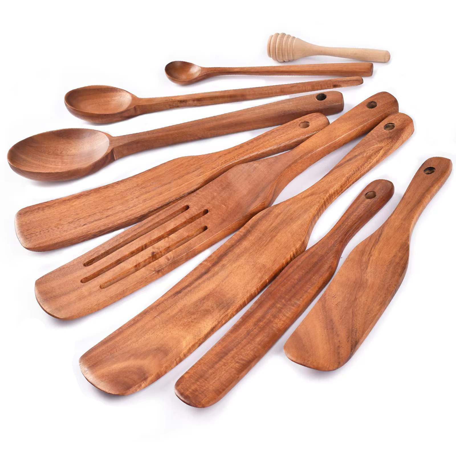Gudamaye spurtle set front view showing nine teak wooden utensils for versatile cooking
