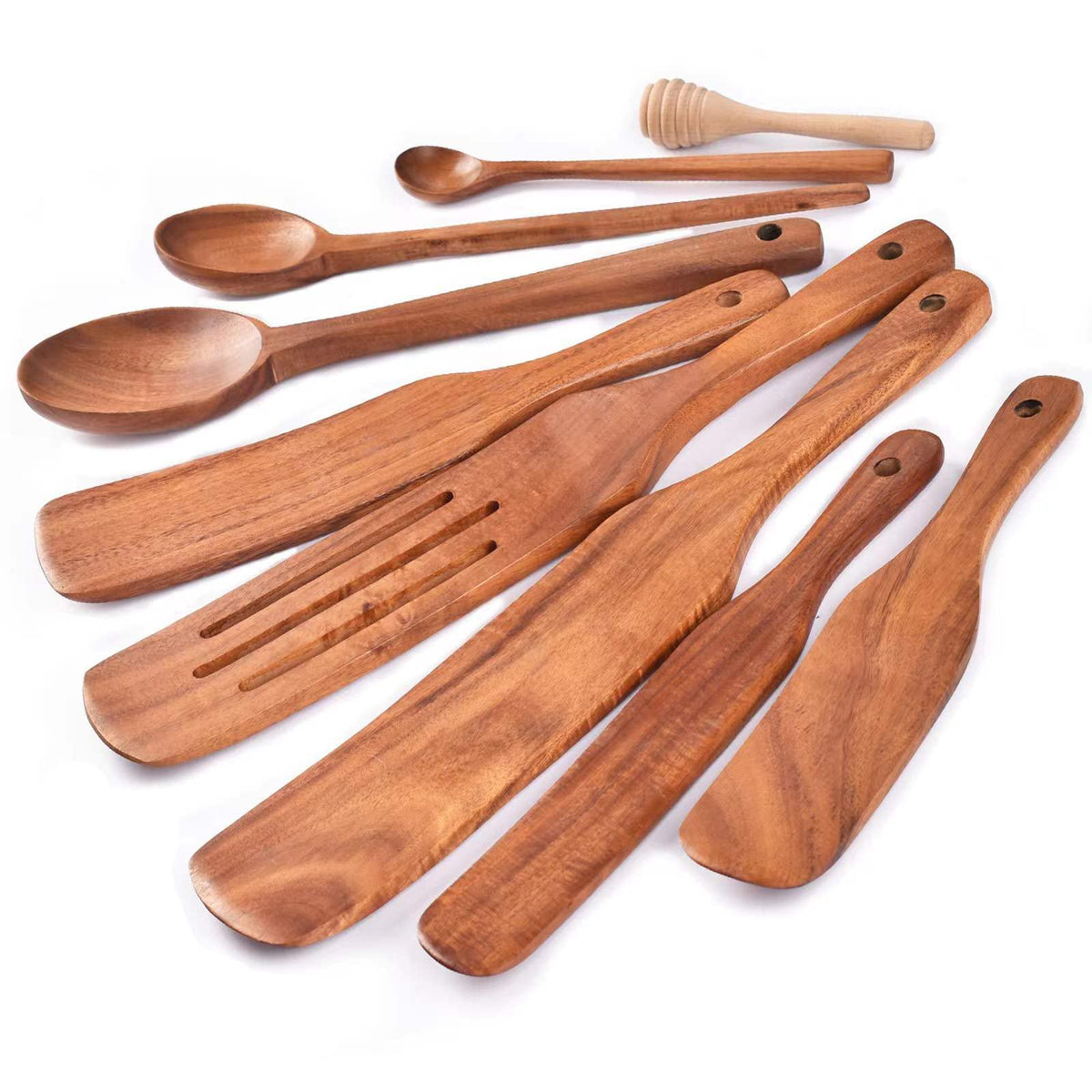 Gudamaye spurtle set front view showing nine teak wooden utensils for versatile cooking
