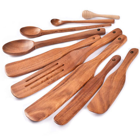 Gudamaye spurtle set front view showing nine teak wooden utensils for versatile cooking