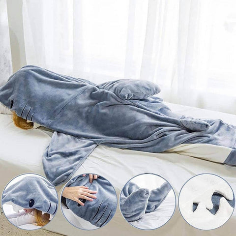 Gudina shark blanket laid flat to show sleeping bag shape and dimensions