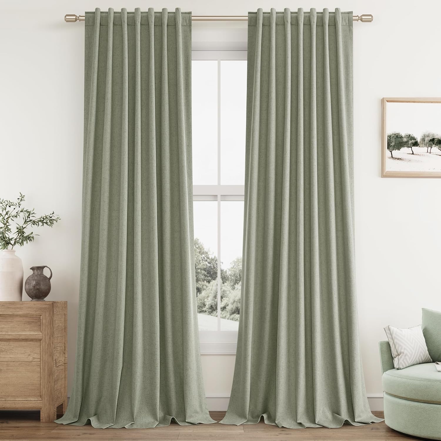 Guken front packaging showing two sage green blackout curtain panels for quick identification and benefit
