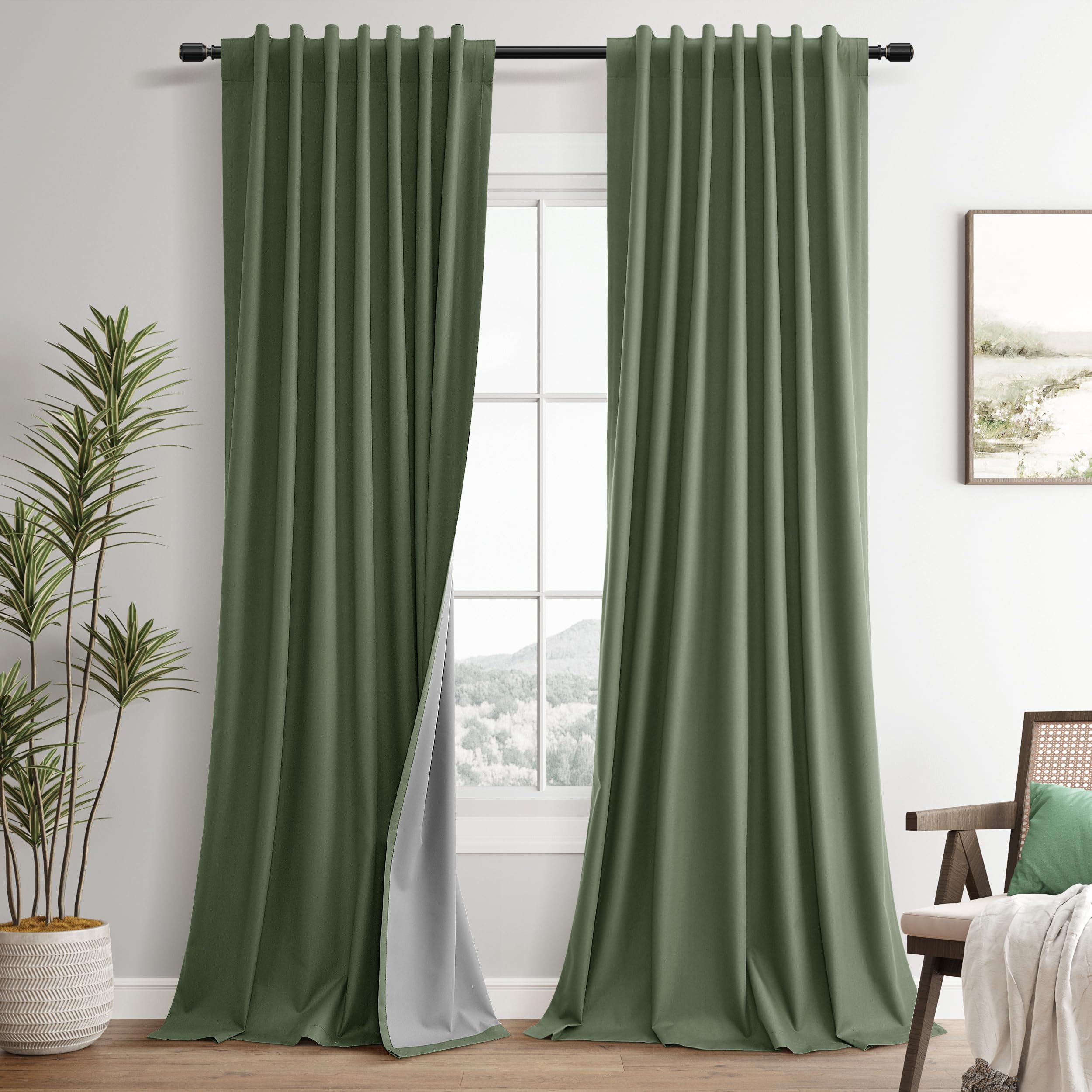 Guken front panel showing olive green linen and tailored drape benefit sleep privacy