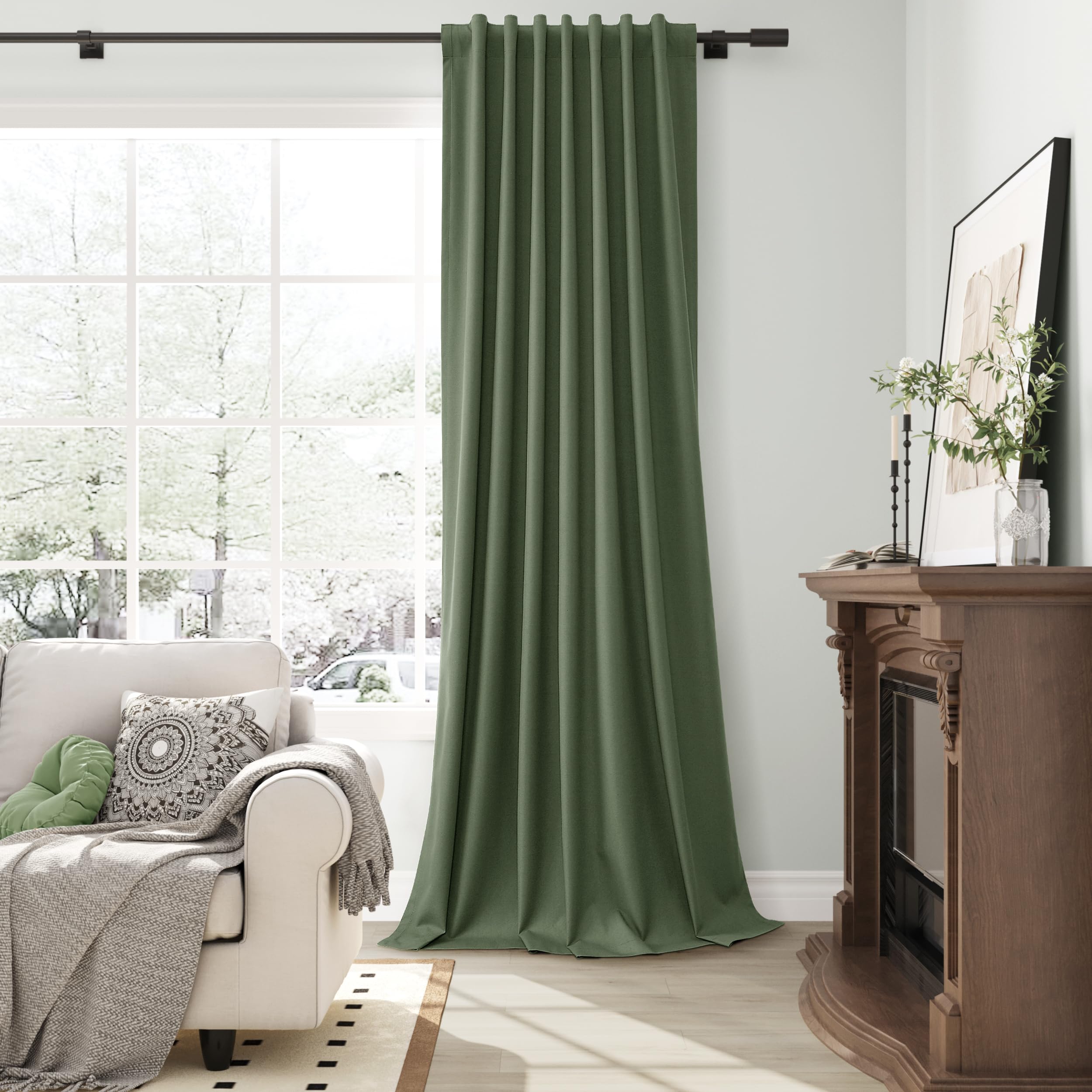 Guken curtain length beside window frame showing 84 inch scale for proper fit