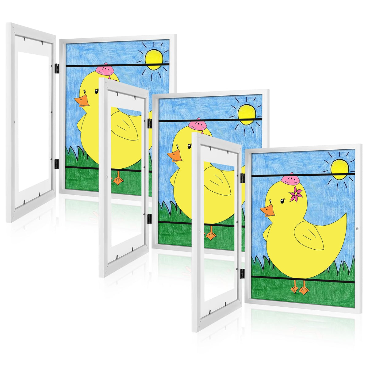 GULETHUN front view of three frames showcasing kids' art and tidy storage