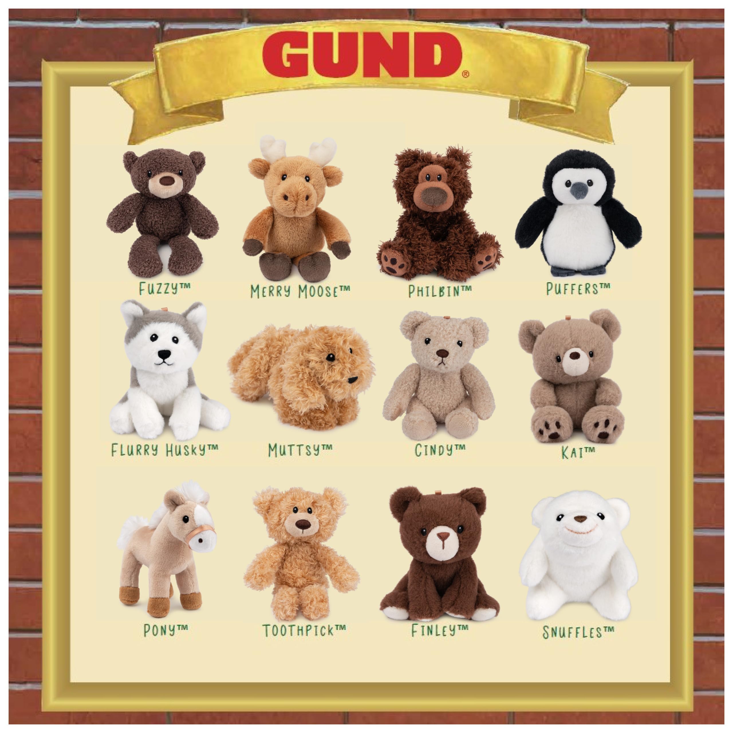 GUND group of mini plush lined up showing variety and display-friendly sizes