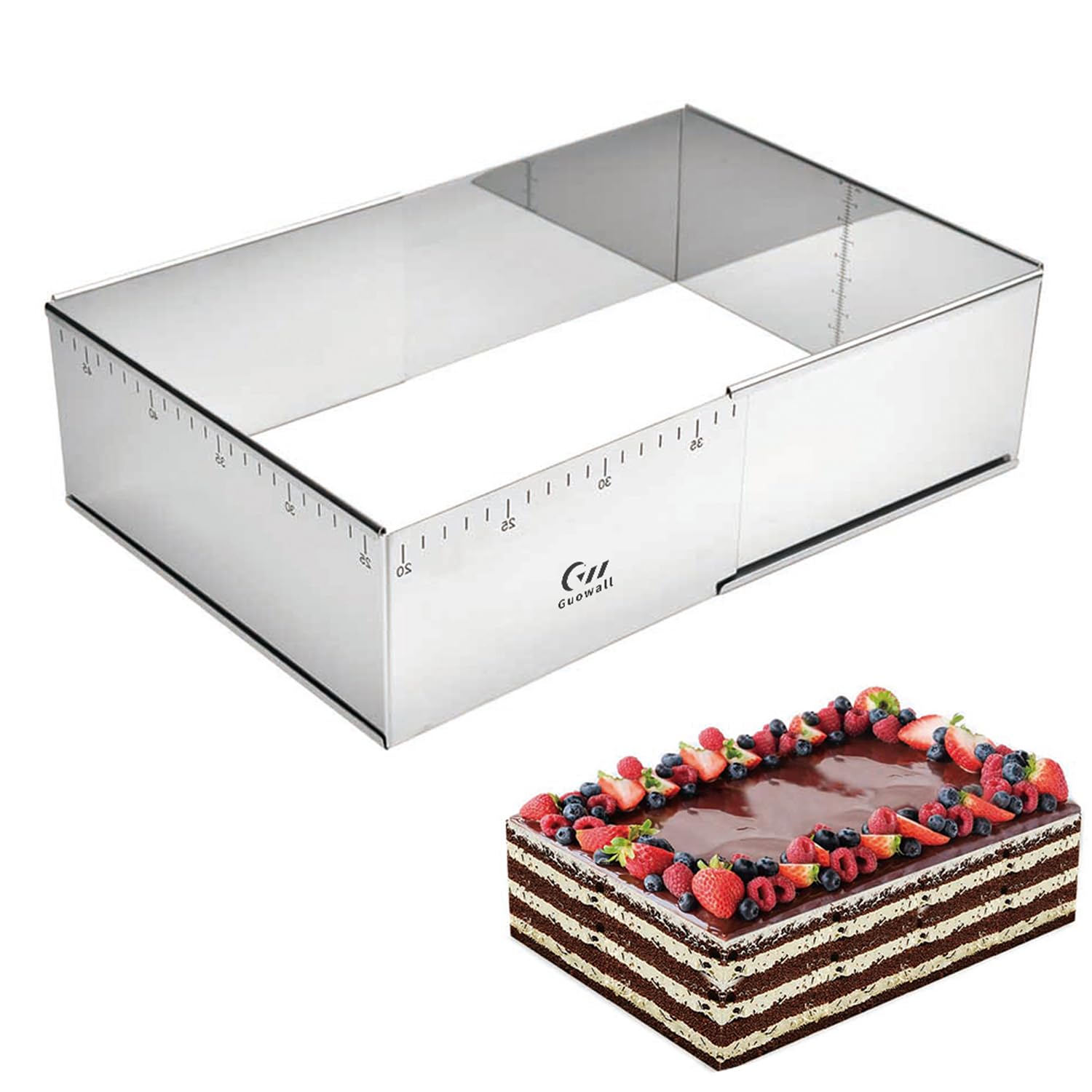 Guowall front view of rectangular adjustable cake ring showing sturdy frame and corners