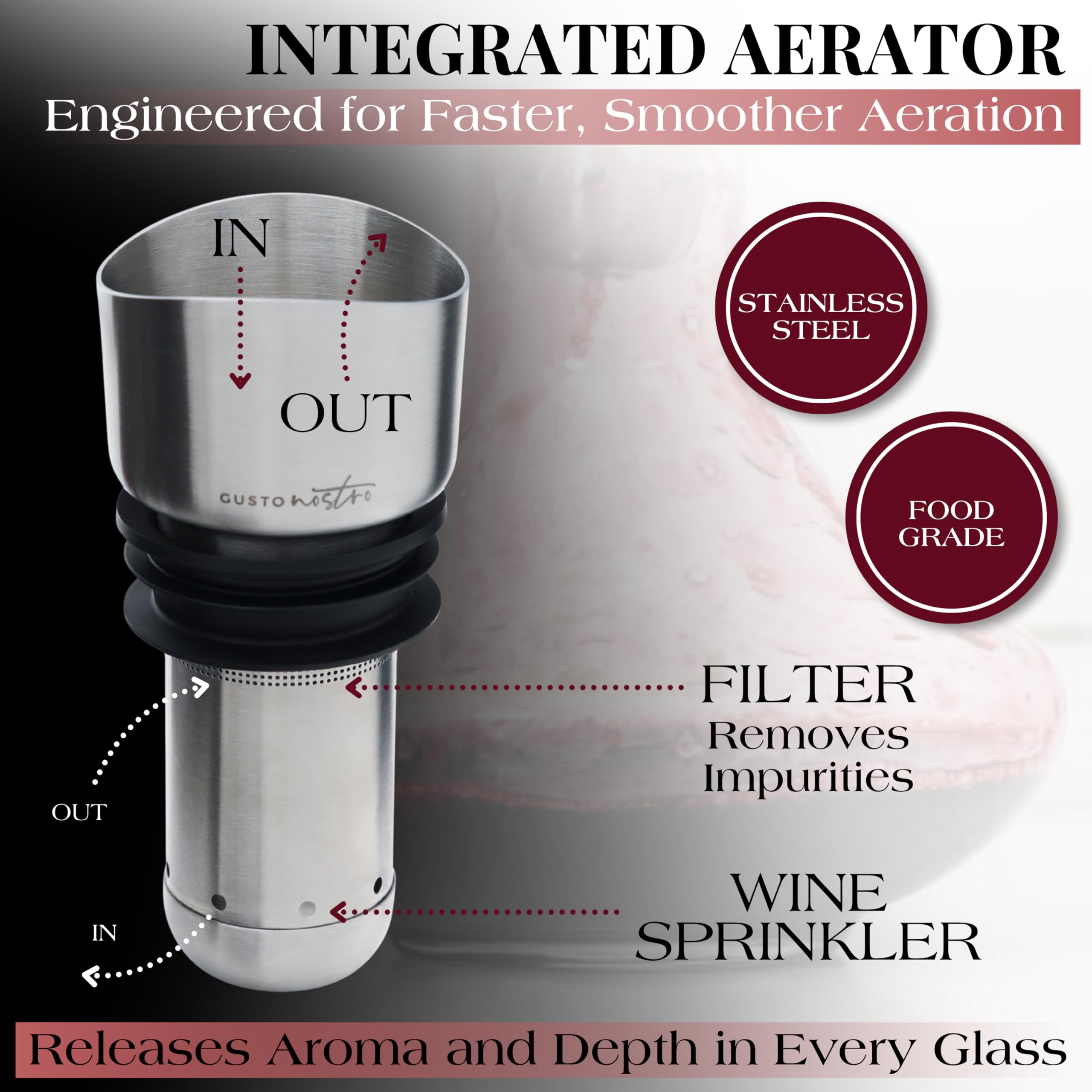 Gusto Nostro decanter pouring wine in motion demonstrating aeration benefit