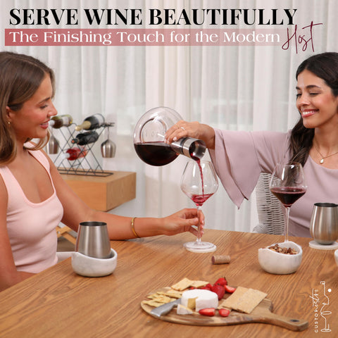 Gusto Nostro decanter with lid and filter capturing sediment while serving