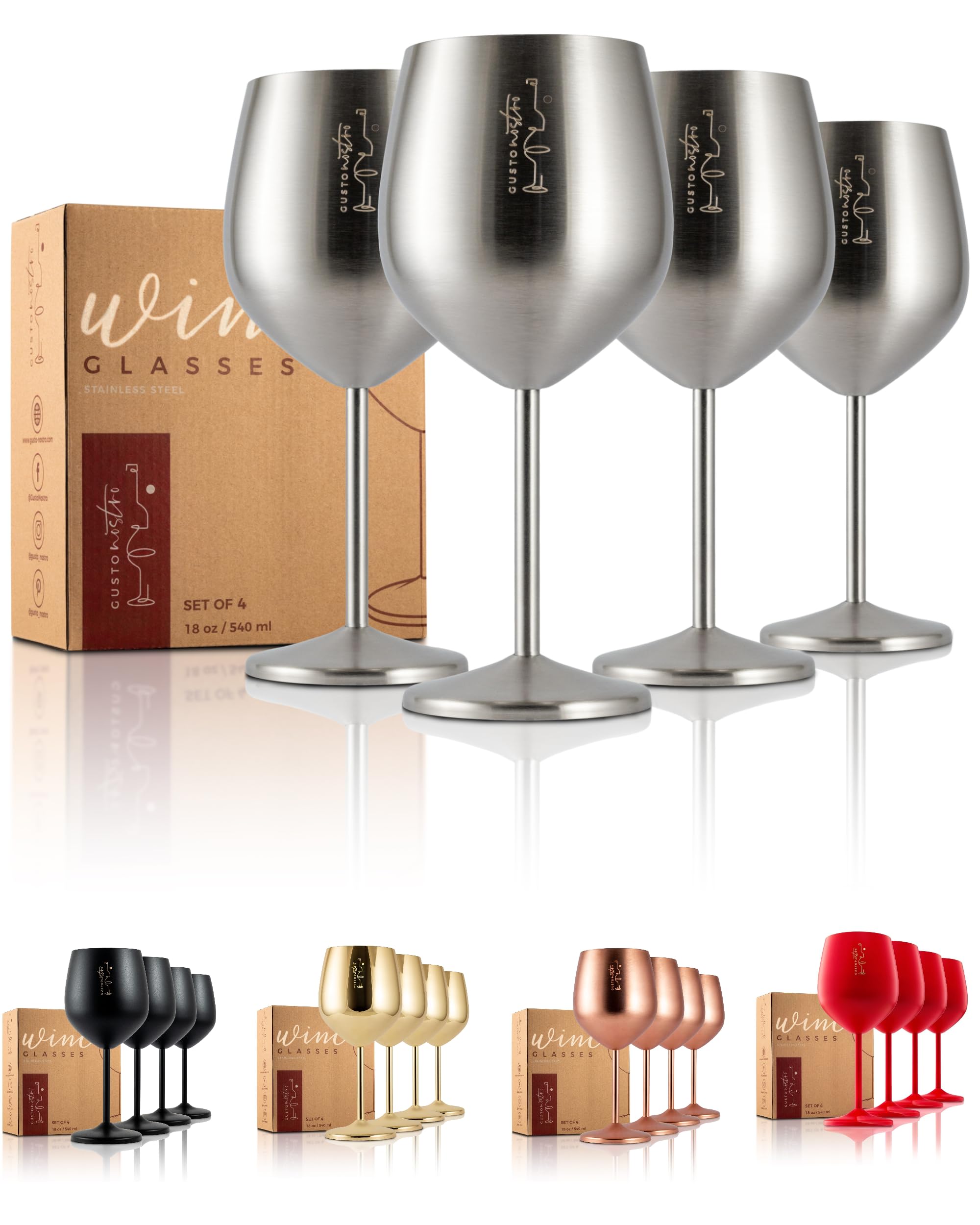gusto nostro front packaging showing four stemmed glasses and elegant presentation