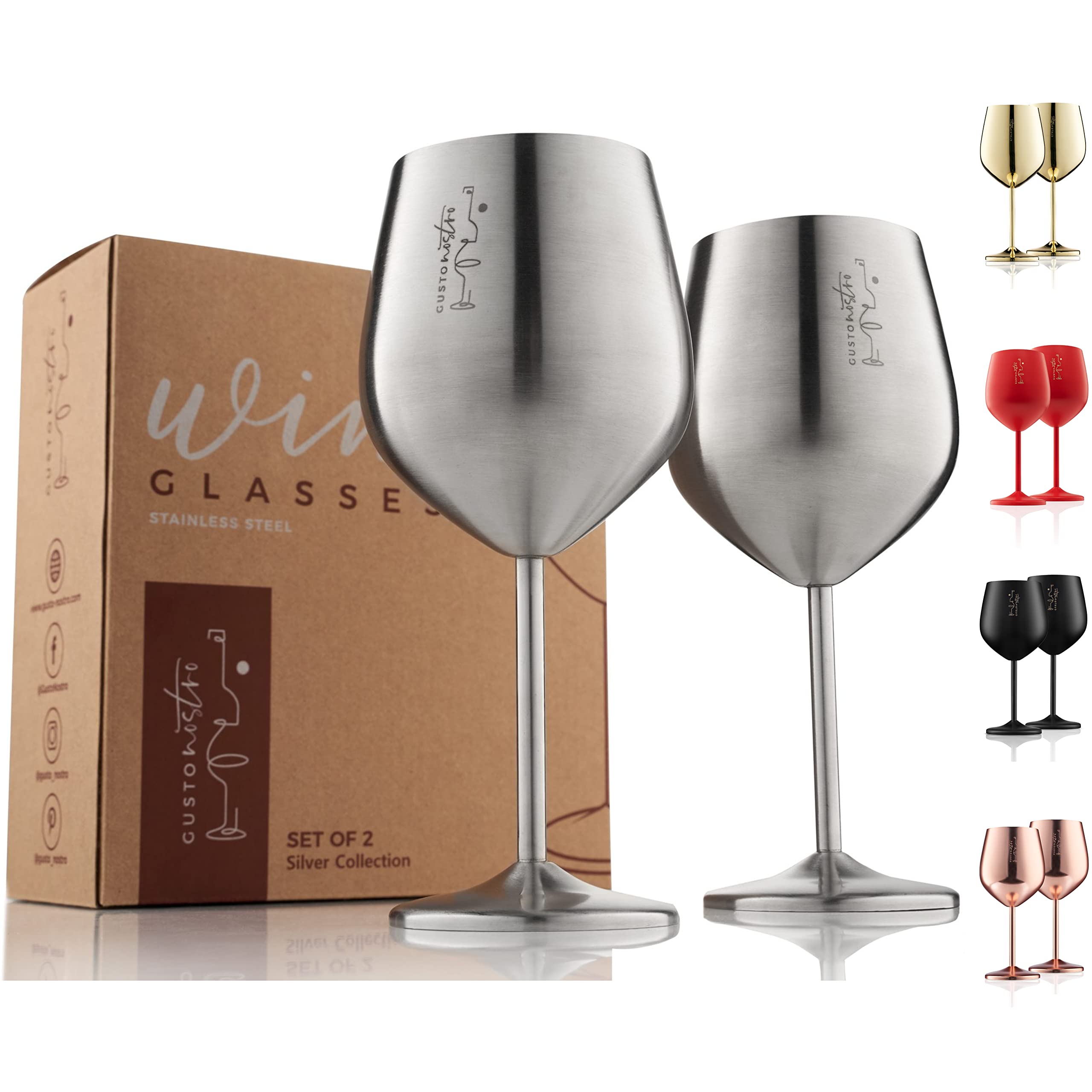 Gusto Nostro front packaging showing set of two stainless wine glasses, durable gift