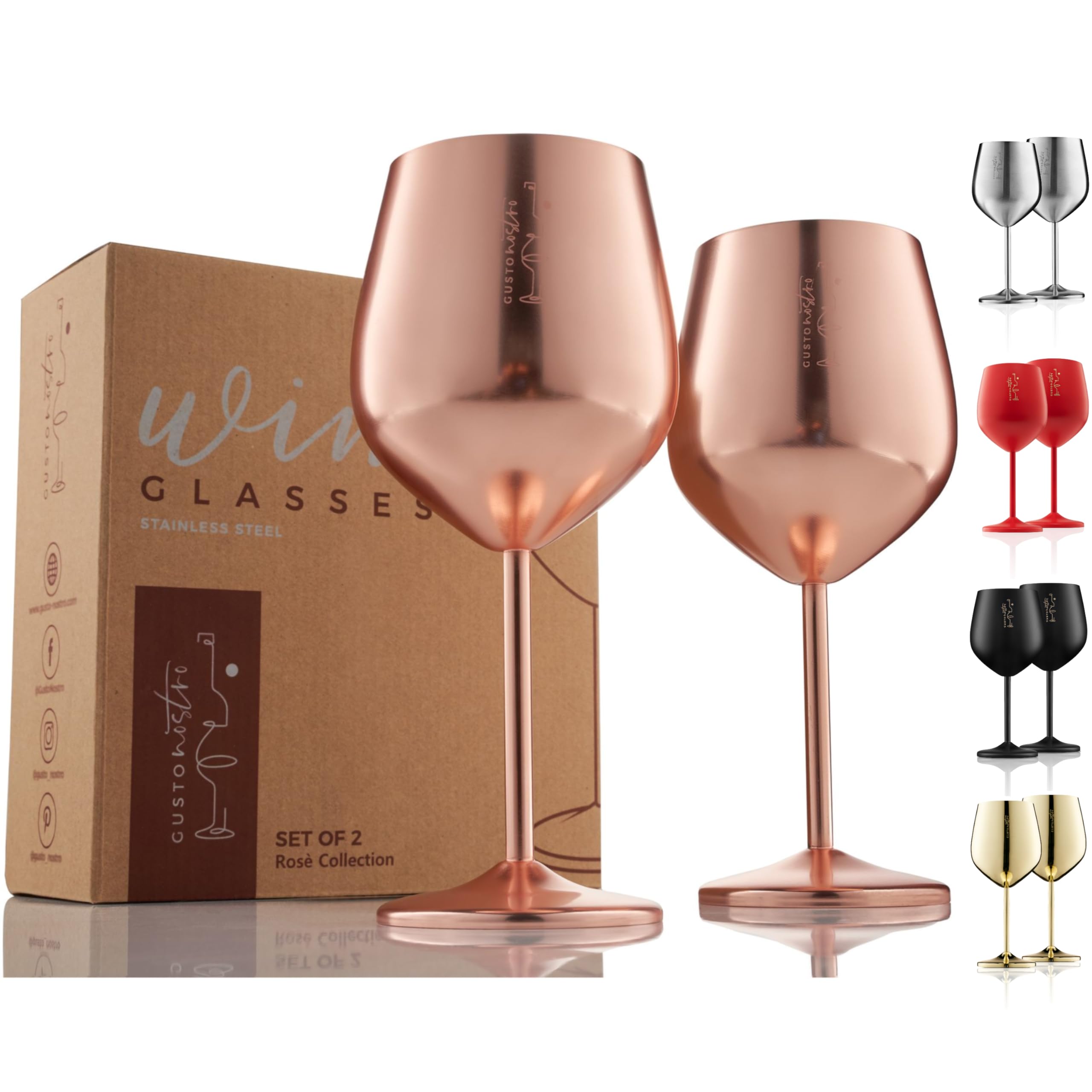 Gusto Nostro rose gold front packaging showing set of two glasses and gift box benefit durable presentation