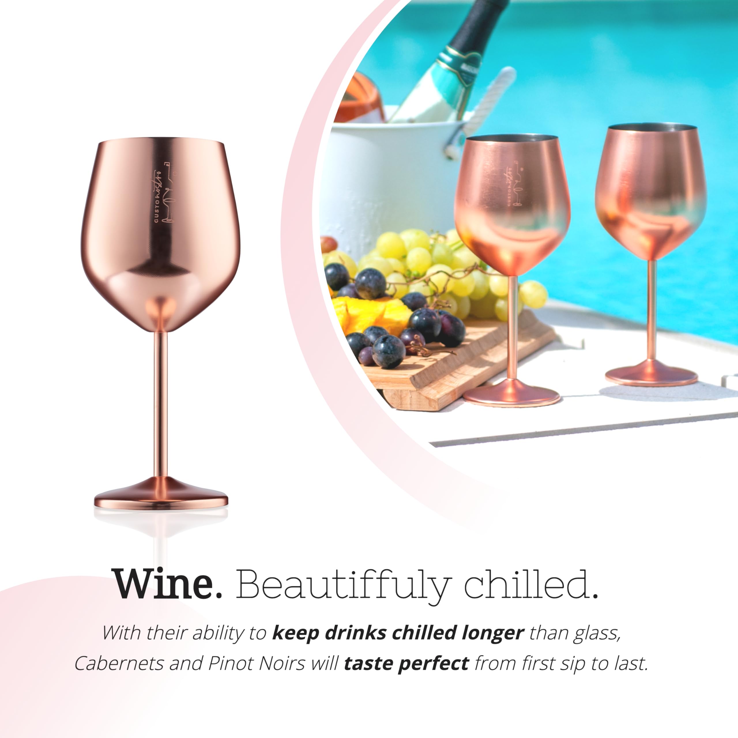 Gusto Nostro glasses poolside scene displaying unbreakable safety and stylish outdoor use benefit