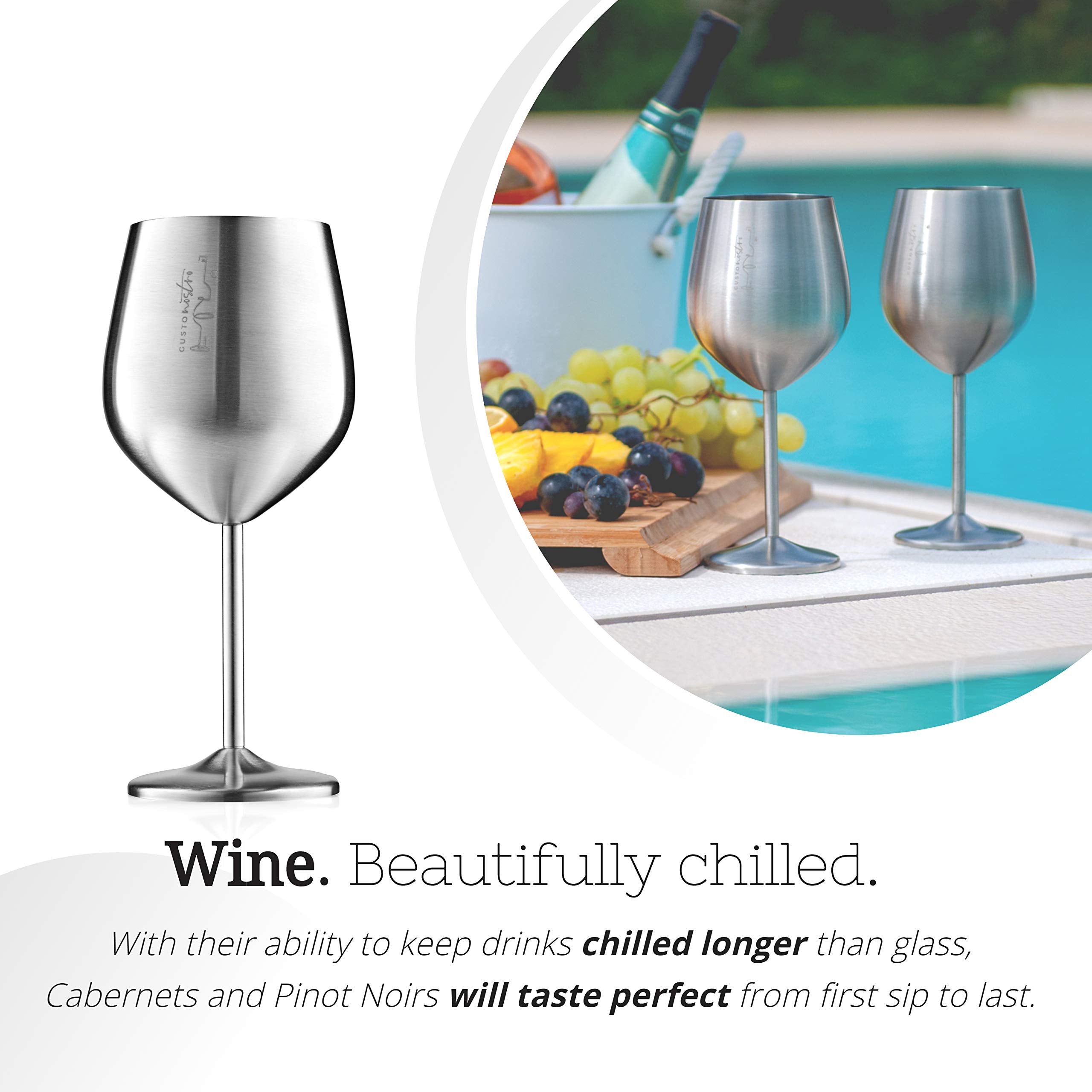 Gusto Nostro glass beside wine bottle illustrating 18 oz capacity and size