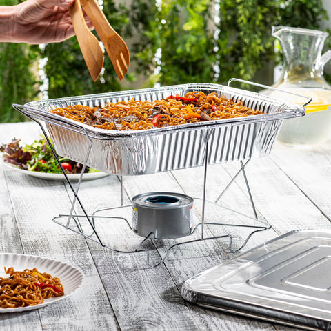 GUSTO pan on oven rack illustrating half-size fit and oven-safe reheating benefit