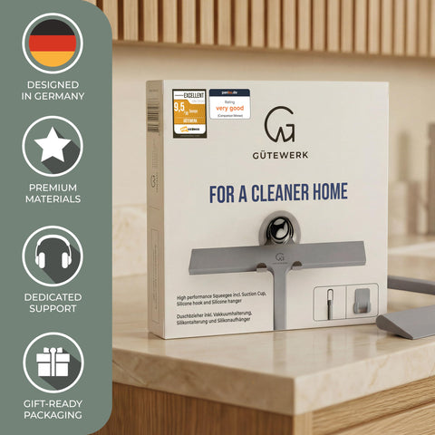 GÜTEWERK being used on shower glass to quickly remove water and soap film