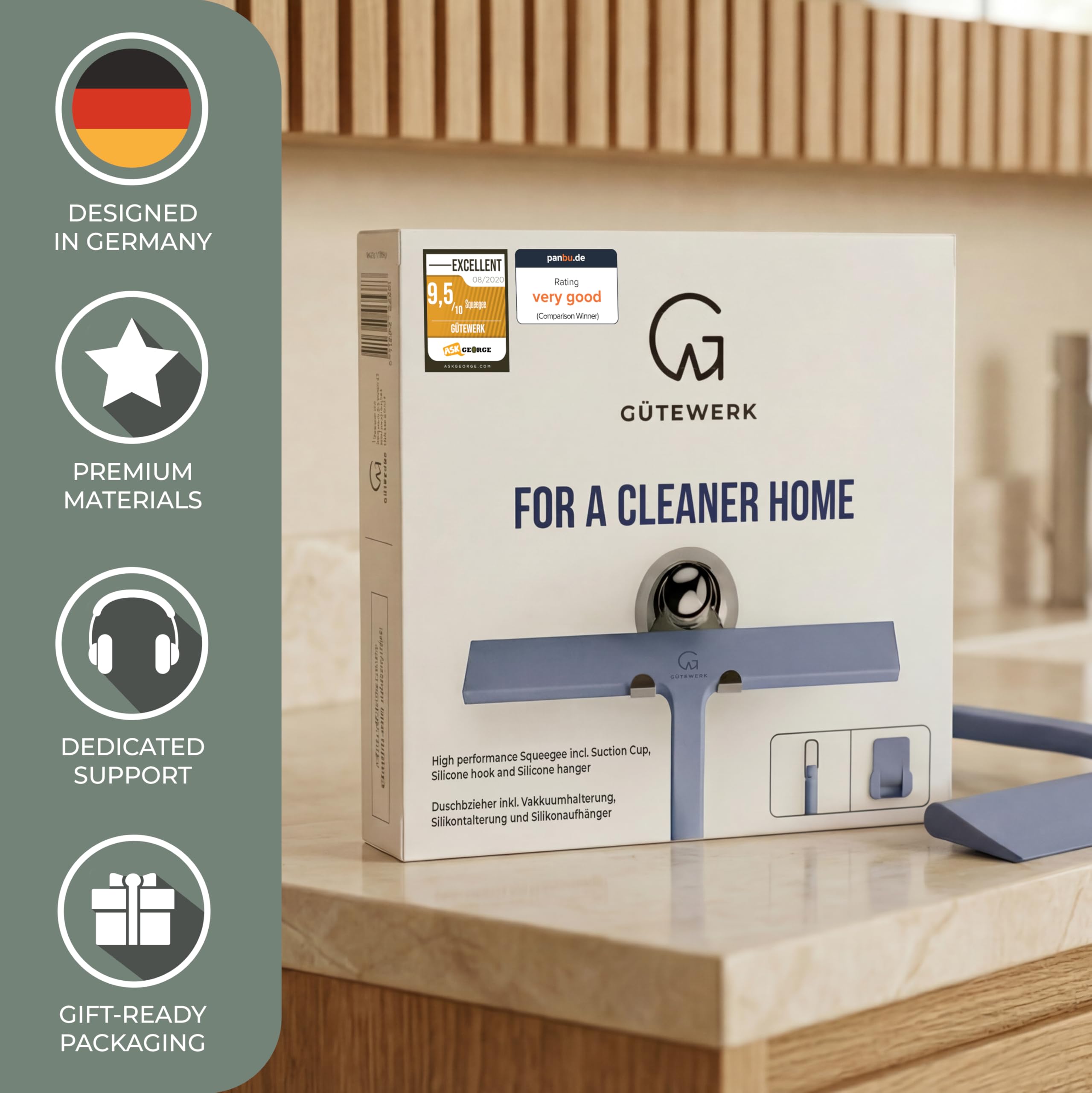GÜTEWERK in use on a glass shower door for fast water removal