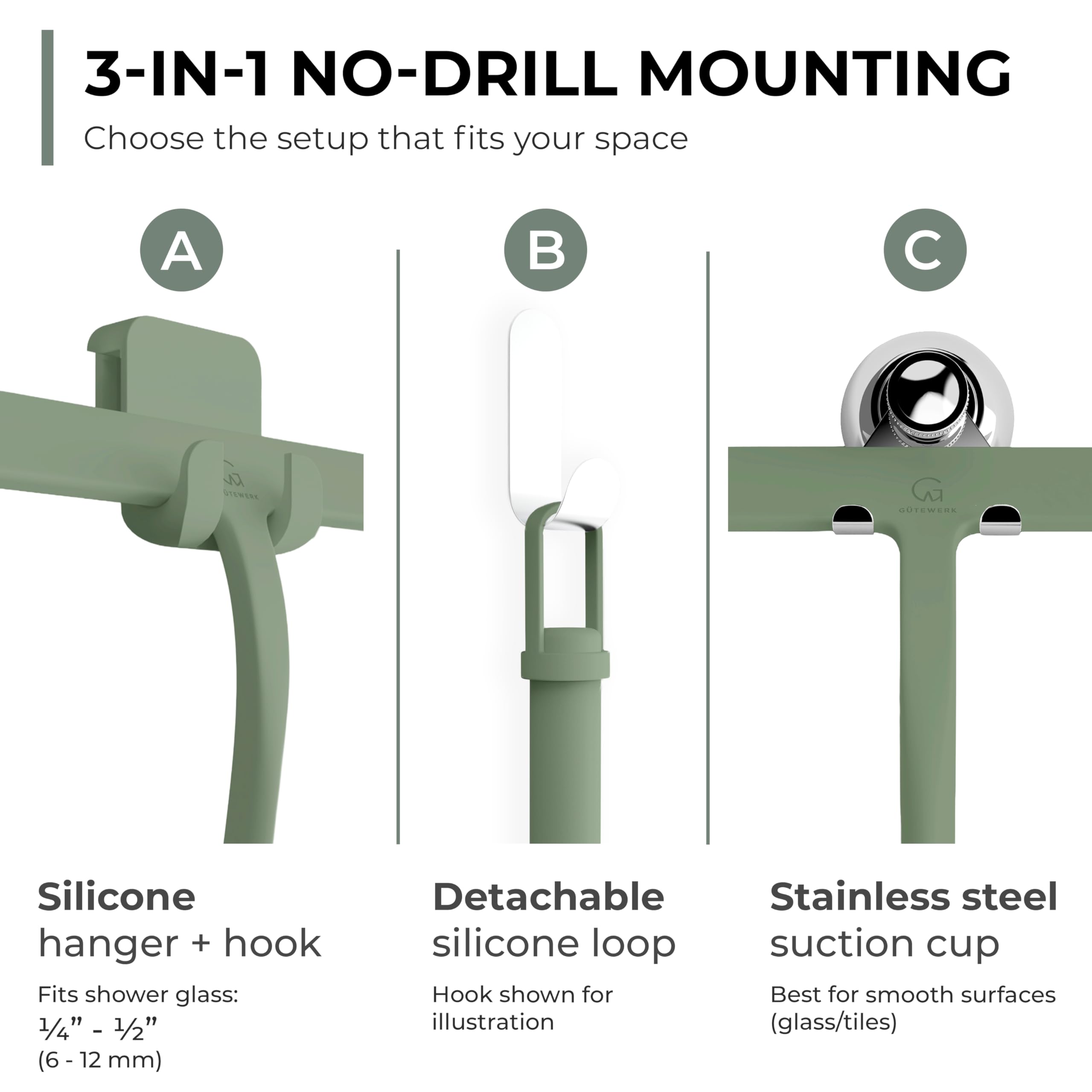 GÜTEWERK three no-drill mounts displayed for versatile, damage-free installation
