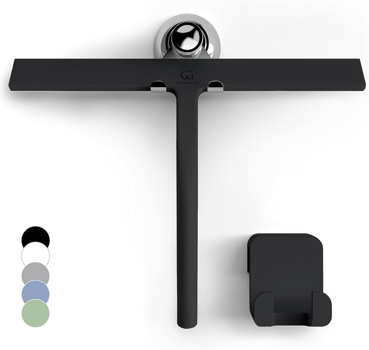 GÜTEWERK front view of 11-inch squeegee showing sleek matte black finish and blade benefits
