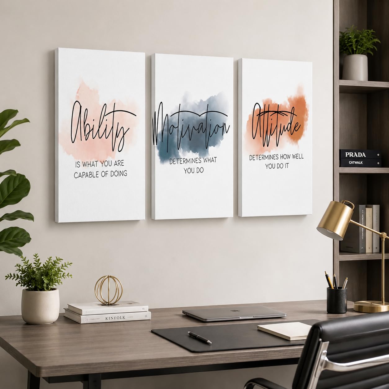 GUTTATY triptych front view showing motivational quotes and tidy composition