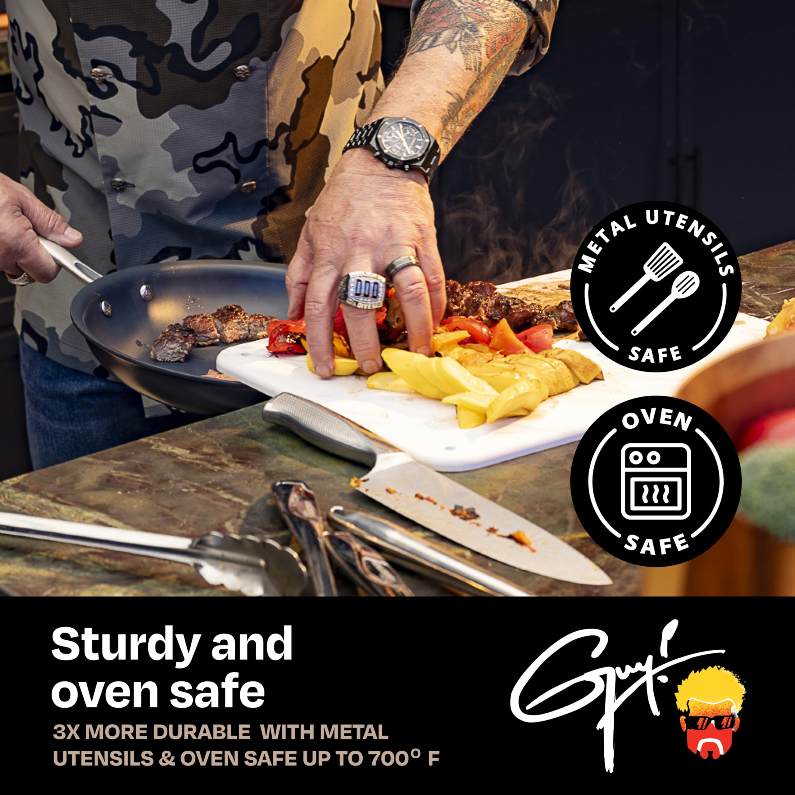 Guy Fieri's Flavortown pans on counter in kitchen setting showing everyday reliability benefit