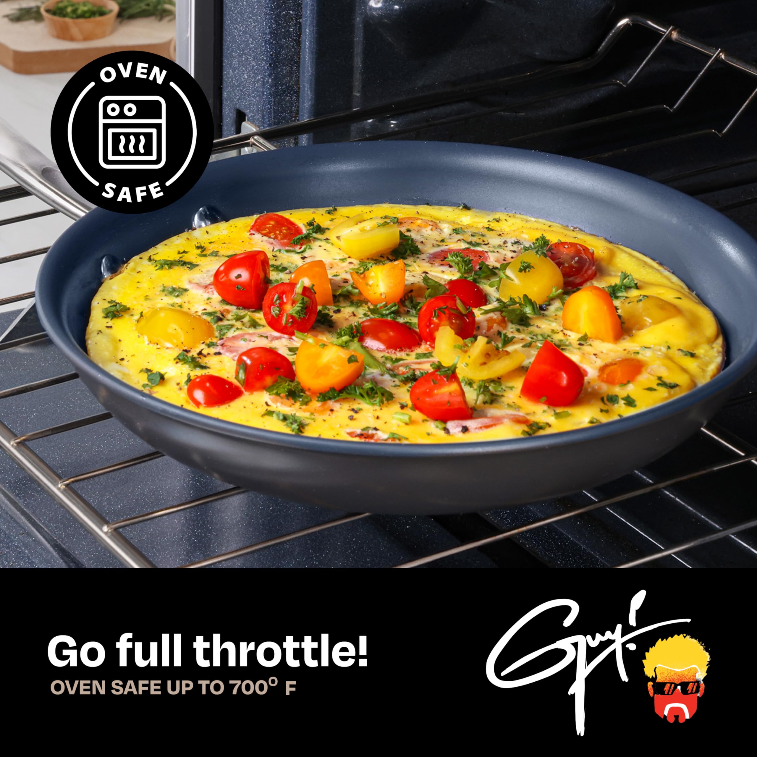 Guy Fieri's Flavortown pans beside spatula showing scale and versatile cooking benefit