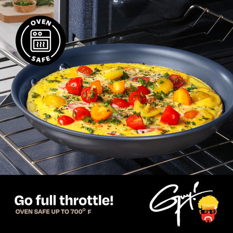 Guy Fieri's Flavortown pans beside spatula showing scale and versatile cooking benefit