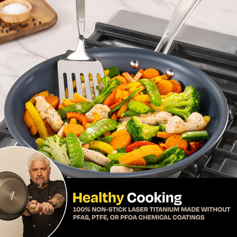 Guy Fieri's Flavortown close-up of laser titanium surface highlighting nonstick benefit
