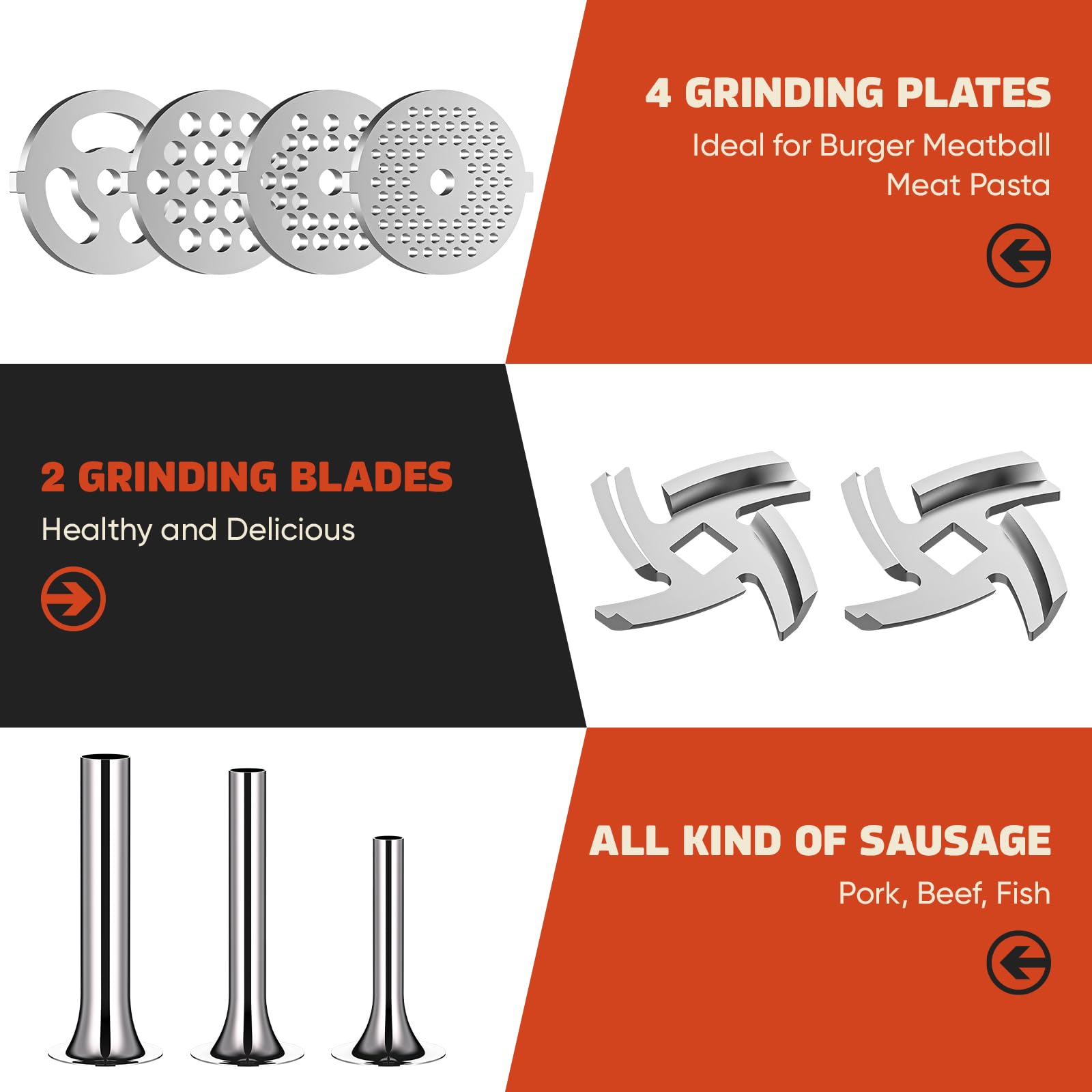GVODE three sausage stuffer tubes displayed for varied sausage sizes and neat filling