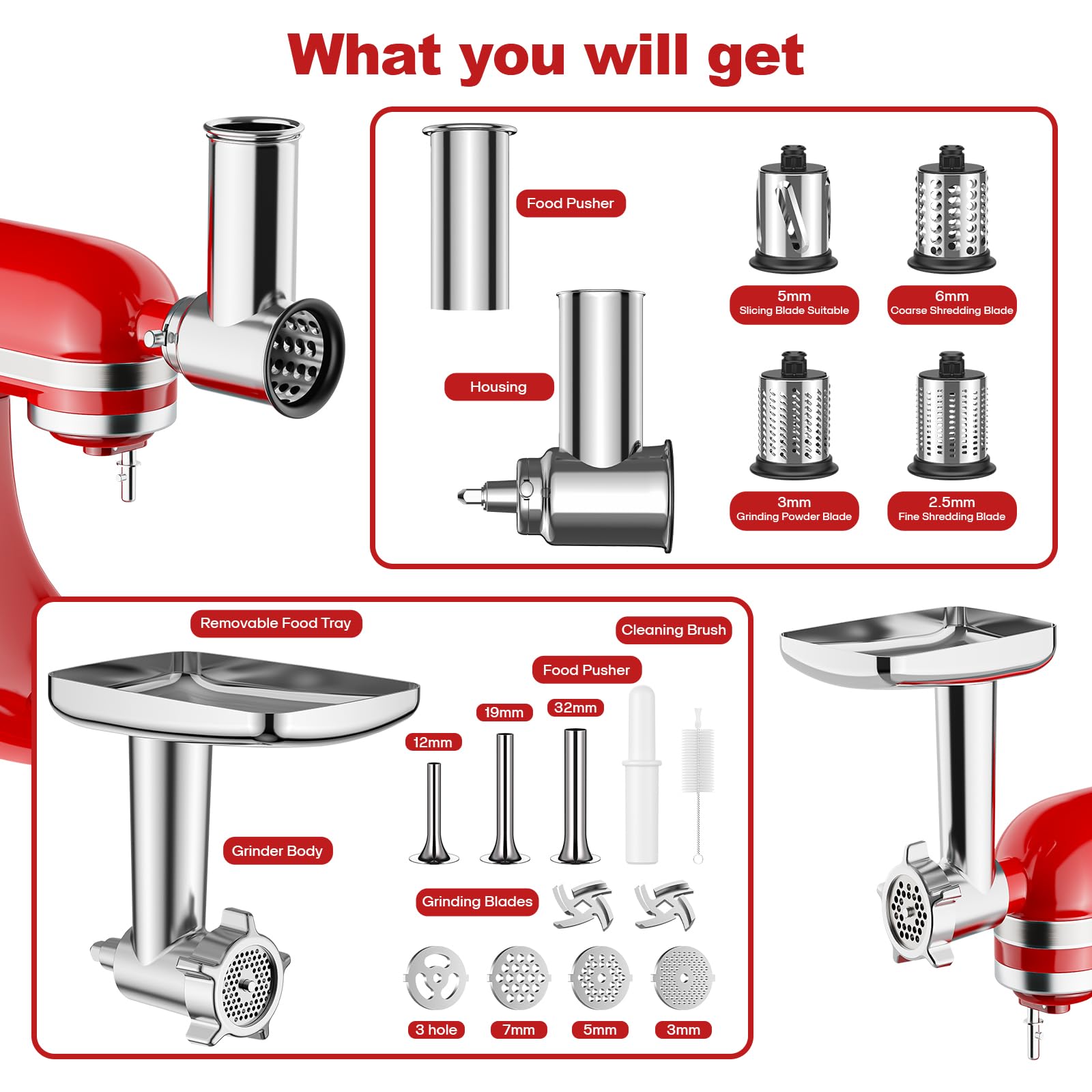 GVODE stainless steel drums laid out showing slicing and shredding versatility