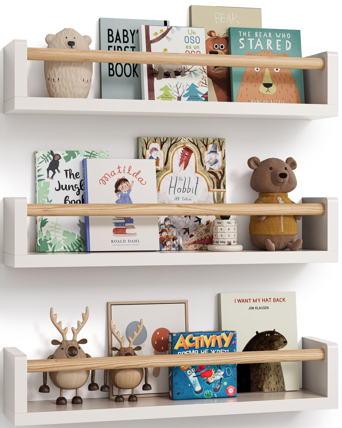 G&W Gruwald front view of three floating shelves showcasing neat display benefit