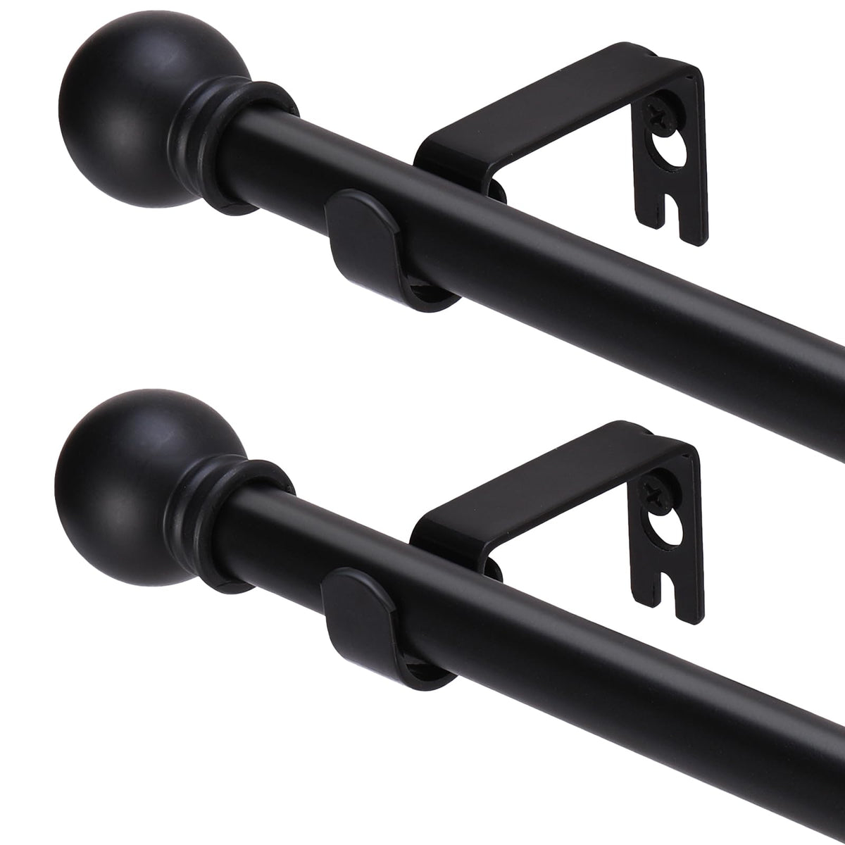 GXOACKJ front view of two black curtain rods showing included parts and finish for easy selection